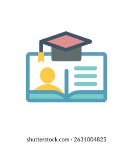 Flat style illustration of a graduation certificate with a mortarboard. Ideal for representing online education and academic achievements.