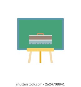 Flat style illustration of a green chalkboard with an eraser resting upon a wooden easel, simple design.