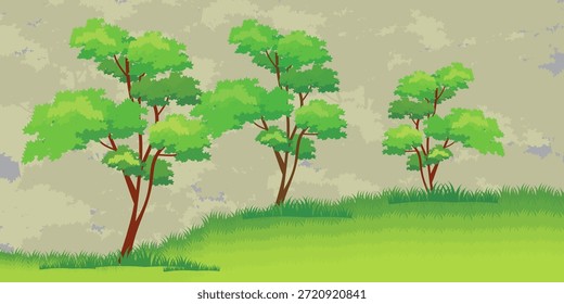 Flat style illustration of green grass and trees, the design is made in a simple flat style. Illustration of wildlife, forest, grass and trees. Garden theme.