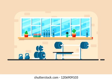 Flat style illustration of gym interior. Heavy barbell, barbell rack and additional gym equipment. Bodybuilding, fitness, sport, healthy lifestyle concept.