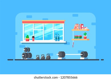 Flat style illustration of gym interior. Heavy barbell for deadlift and additional gym equipment. Bodybuilding, fitness, sport, healthy lifestyle concept.