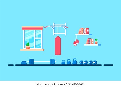 Flat style illustration of gym interior. Heavy barbell for deadlift and additional gym equipment. Bodybuilding, fitness, sport, healthy lifestyle concept.