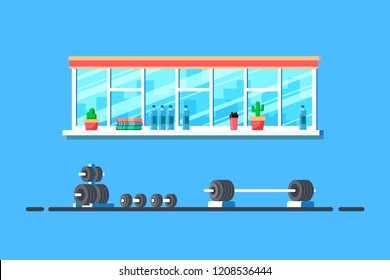 Flat style illustration of gym interior. Heavy barbell for deadlift and additional gym equipment. Bodybuilding, fitness, sport, healthy lifestyle concept.