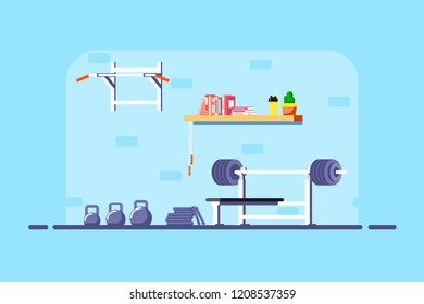 Flat style illustration of gym interior. Heavy barbell, barbell rack and additional gym equipment. Bodybuilding, fitness, sport, healthy lifestyle concept.