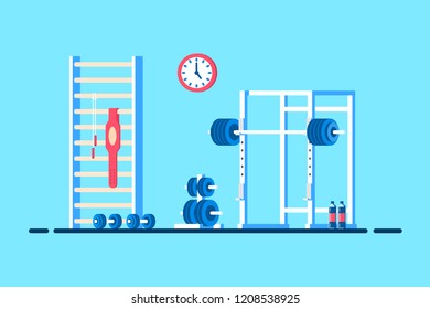 Flat style illustration of gym interior. Heavy barbell, squat rack and additional gym eqipment. Bodybuilding, fitness, sport, healthy lifestyle concept.