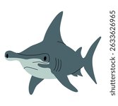 Flat style illustration of a hammerhead shark with a distinctive head shape. Simple and clean design, side angle view, ideal for ocean themed graphics or educational content. Vector illustration