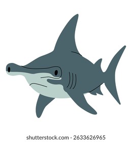 Flat style illustration of a hammerhead shark with a distinctive head shape. Simple and clean design, side angle view, ideal for ocean themed graphics or educational content. Vector illustration