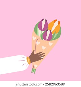 Flat style illustration of a hand holding a bouquet of tulips wrapped in paper with heart decorations, ideal for greeting cards, spring promotions, and floral-themed designs.