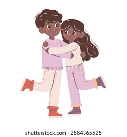 Flat style illustration of a happy boy and girl hugging, expressing warmth, friendship, and affection. Perfect for themes of connection, love, and positivity.