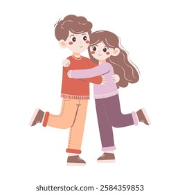 Flat style illustration of a happy couple hugging, smiling, and enjoying a moment together. Ideal for themes of love, friendship, relationships, and Valentine's Day.