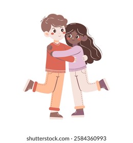 Flat style illustration of a happy couple hugging, symbolizing love, friendship, and connection. Perfect for themes of romance, relationships, and emotional bonding.