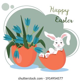 Estilo plano. Ilustración Feliz Pascua. Conejo de Pascua sentado en el huevo. Hay gotas de nieve en otra cáscara de huevo. Puedes usarlo para tarjetas de felicitación u otra decoración de Pascua.