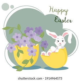 Flat style. Illustration Happy Easter. Easter rabbit sitting in the egg. There are violets in another egg shell. You can use it for greeting cards or another Easter decorations.