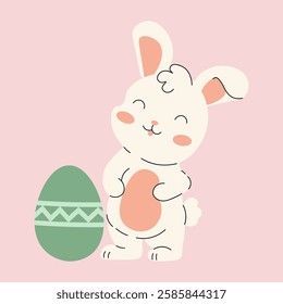 Flat style illustration of a happy Easter bunny standing next to a decorated egg, ideal for festive designs, greeting cards, and seasonal decorations.