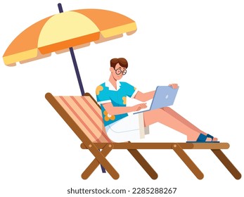 Ilustración de estilo plano con una feliz periodista independiente que pasa el verano en la playa en el salón chaise con su portátil en el regazo.