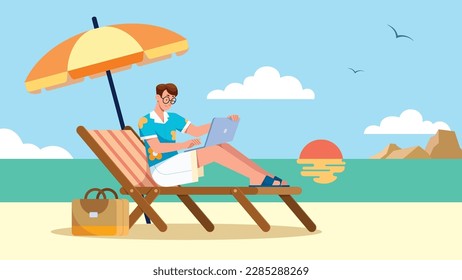 Flat style illustration with happy freelancer spending summer on beach lying on chaise lounge with laptop in his lap.