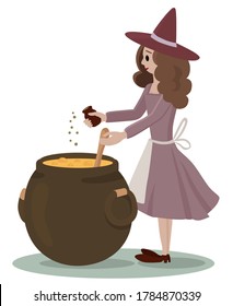 Flat style illustration. Happy Halloween. A little witch in a hat who is cooking pours something into the cauldron.