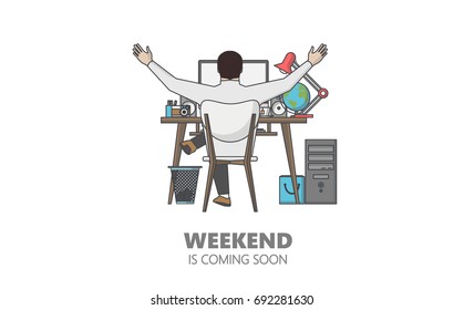 Flat Style Illustration of Happy Office Worker on Friday. Weekend Coming Soon Vector Design.