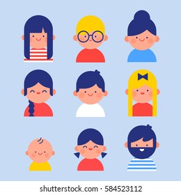 Flat style illustration. Happy people, woman, girl, man, kid, baby.