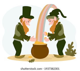 Flat style illustration. Happy St. Patrick's Day. Where the rainbow begins, a pot of gold is hidden, which is guarded by a leprechaun. Two leprechauns stand near the pot with gold coins. 