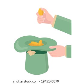 Flat style illustration.  Happy St. Patrick's Day. The green hat is full of coins and hand holding the golden one. You can use it for greeting cards or another decorations. 