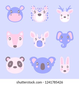 Flat style illustration with hippopotamus, tiger, deer, fox and other animals. Cartoon vector set