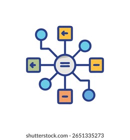 Ilustração em estilo plano de um diagrama de hub e spoke com círculos e quadrados coloridos conectados por linhas em um Plano de Fundo Branco.