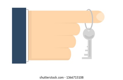 Flat style illustration. Human hand with apartment key on index finger.