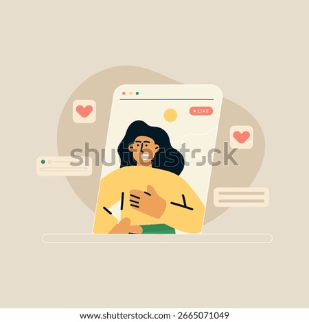 Flat style illustration of influencer character live streaming. Real-time communication, social media interaction, and online engagement. Vector illustration.