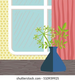 Flat style illustration of an interior with a window and a blue vase with flowers beside it, red curtain, yellow wallpaper and a dark wooden table visible.