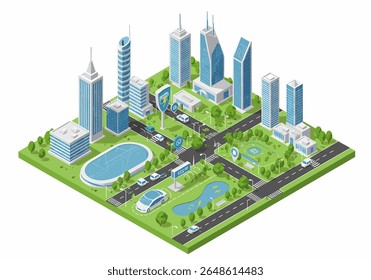 flat style illustration of an isometric smart city block featuring modern buildings, roads with vehicles, trees, and wireless connectivity symbols