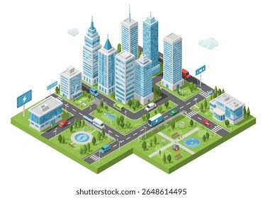 flat style illustration of an isometric smart city block featuring modern buildings, roads with vehicles, trees, and wireless connectivity symbols