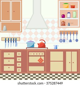 Flat style illustration of kitchen interior with furniture and cooking utensils. Vector graphics.