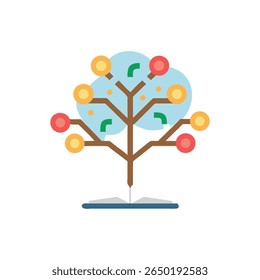 Flat style illustration of a knowledge tree growing from an open book. Light blue, brown, yellow, red, and green color palette.