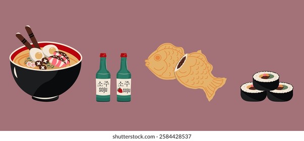 Flat style illustration of Korean cuisine featuring ramen, soju, taiyaki, and kimbap, ideal for food-related projects, restaurant branding, and culinary-themed designs.