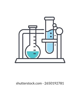 Flat style illustration of laboratory glassware holding liquid. Blue liquid fills two vessels within dark grey frames on White Background.