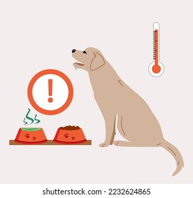 Flat style illustration. Labrador sits next to a bowl of food. The water has deteriorated. Dirty drinking water. Heat and thirst. Unreasonable keeping of animals