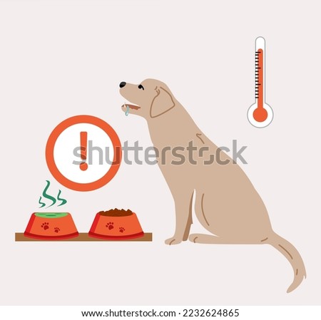Flat style illustration. Labrador sits next to a bowl of food. The water has deteriorated. Dirty drinking water. Heat and thirst. Unreasonable keeping of animals