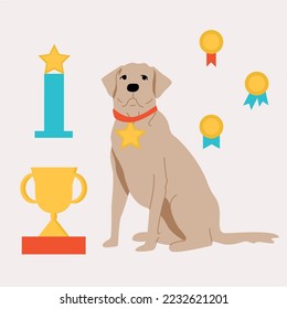 Flat style illustration. Labrador Winner. Prizes, awards, medals. Dog show.