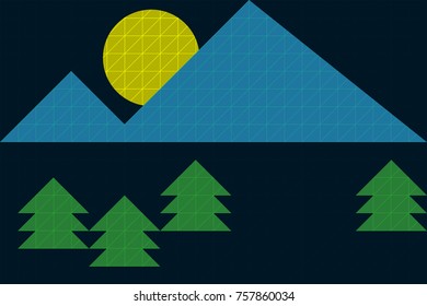 Flat style illustration of landscape with mountains, forest and moon. Vector illustration EPS10