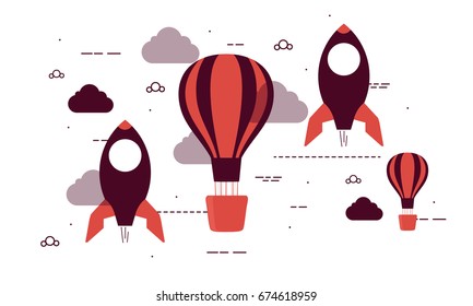 Flat style illustration of launching rockets and flying hot air balloons for Business Start Up concept.