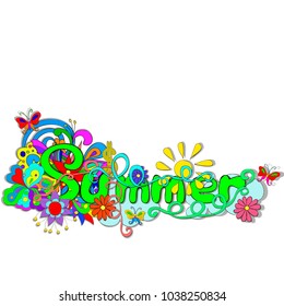 Flat style illustration with letters Summer, Flowers, butterfly, swirls on a white background.