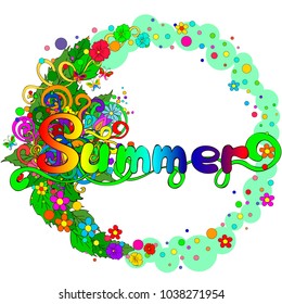 Flat style illustration with letters Summer, Flowers, butterfly, swirls, bubbles on a green background.