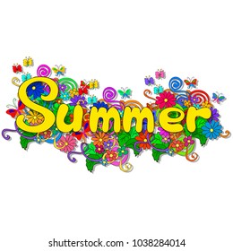 Flat style illustration with letters Summer, Flowers, butterfly, swirls on a white background.