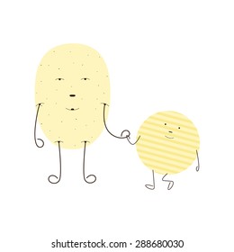 Flat style illustration of light brown pointed potato and chips characters isolated on white background