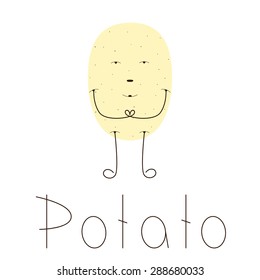 Flat style illustration of light brown pointed potato character with brown eyes, nose, mouth, long legs and hands. Lettering potato isolated on white background. Vegetarian menu decoration element