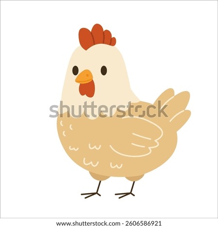 Flat style illustration of a light brown hen with red comb and orange beak, perfect for farm-themed designs, children’s books, educational materials, and agricultural content