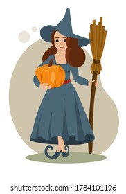 Flat style illustration. Little cute witch with a hat and a broom. The witch is dressed in a beautiful emerald dress. She is holding a pumpkin in her hand, ready to go to celebrate Halloween.