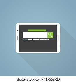 Flat style illustration with long shadow. White tablet and search engine with green search button.