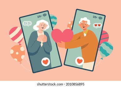 Flat style illustration of lovey-dovey elders couple celebrate a special day on an online video call